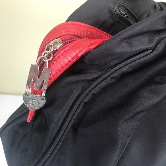 MOSCHINO Vintage 90s Nylon Leather Shoulder Bag Hobo Zipper Pocket Red Logo Tote - Picture 9 of 16